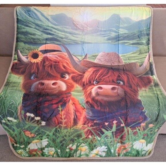 Blanket Highland Cow Calf Sherpa Plush Throw Gift New Flowers Meadow Cowboy Hat - Picture 2 of 6